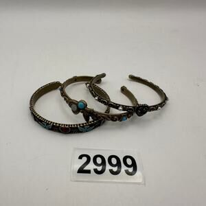 VINTAGE BOHO CUFF BRACELET LOT TURQUOISE HEART FEATHER PEARL BRONCE TONE SET 3